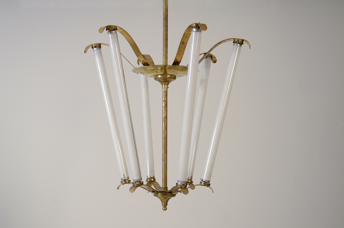 Grande lampadario in ottone a sei luci, Italia, 1950ca.