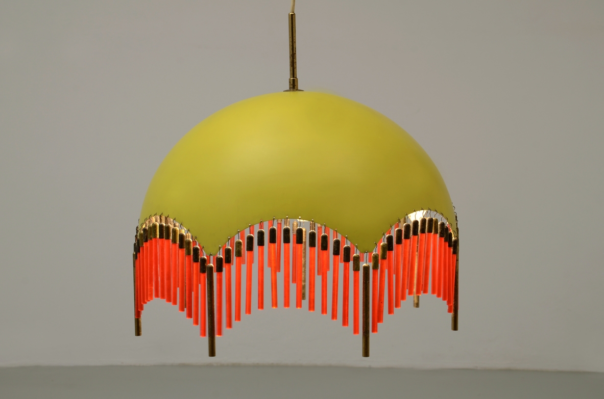 Angelo Lelli by Arredoluce, unique ceiling lamp with its original yellow umbrella shade, Italy 1950's.