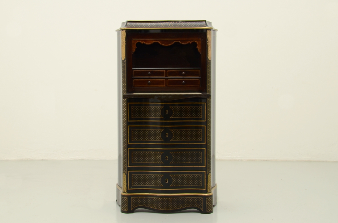 French Napoleon III Secretaire cabinet with beautiful brass inlays with stars, three drawers and a writing shelve with small drawers in ebony wood inside.