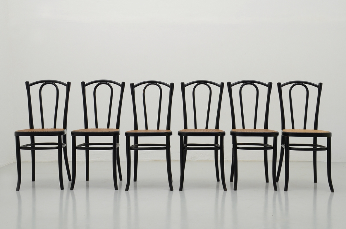 Set of six chairs in ebonized bent wood and straw seat, Fischel Vienna, 1880's.