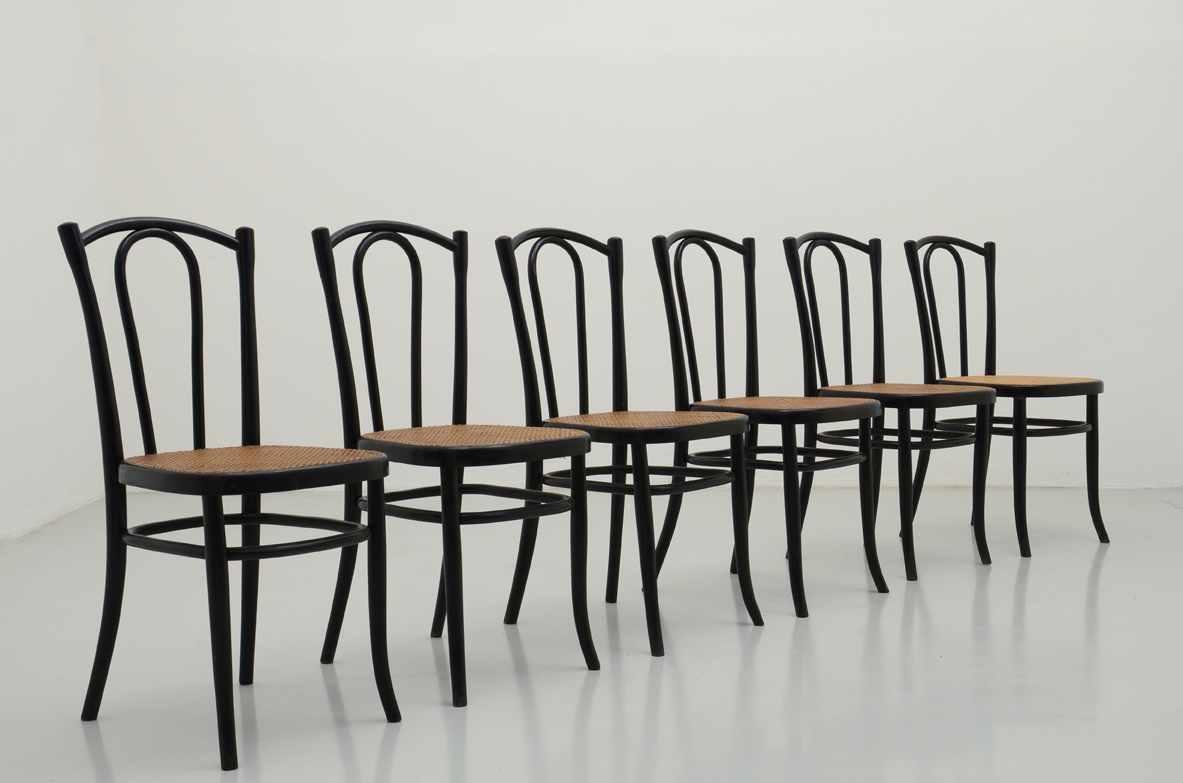 Set of six chairs in ebonized bent wood and straw seat, Fischel Vienna, 1880's.