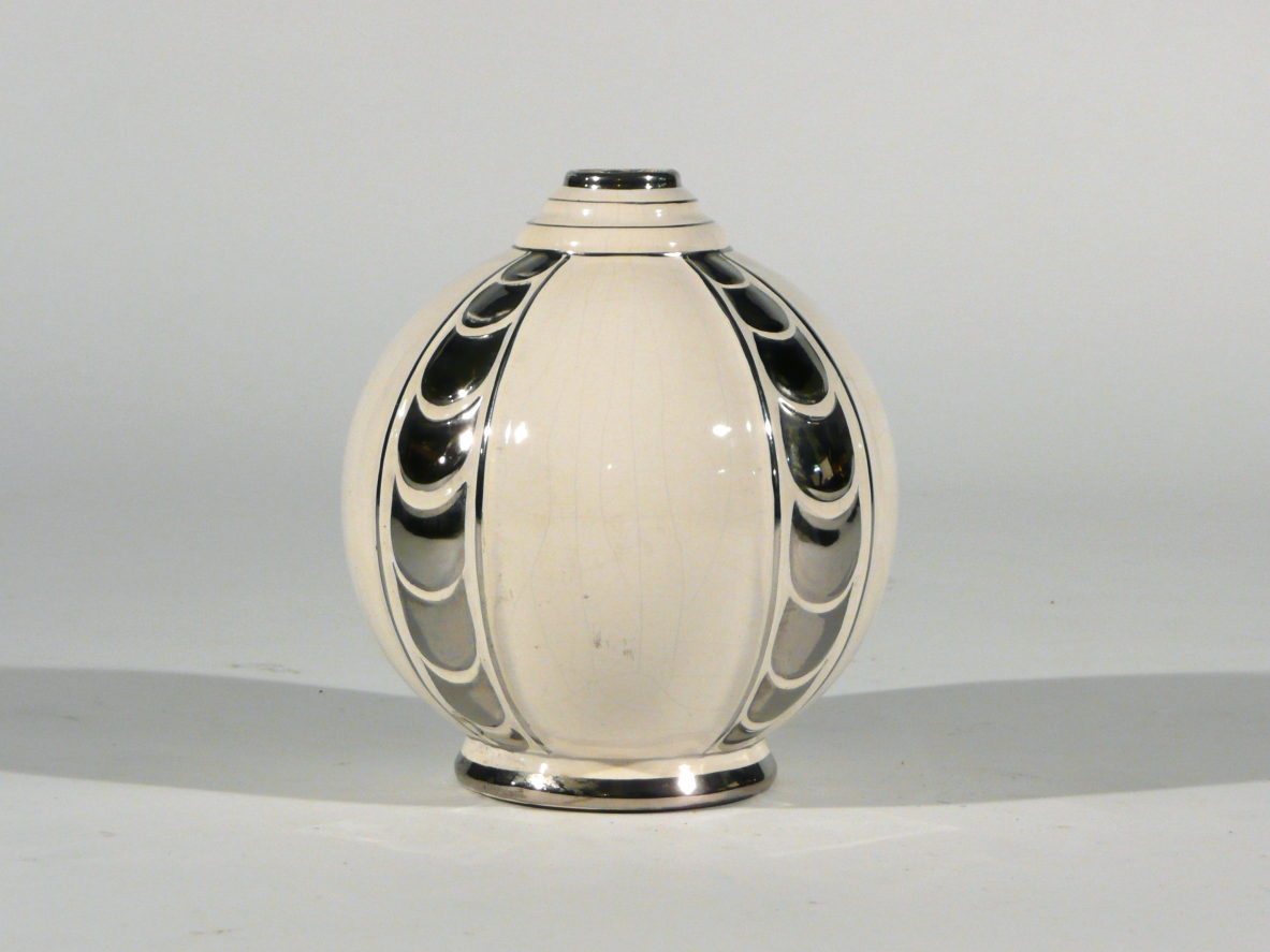 Art Deco ceramic vase with silver decorations.  French manufacture, 1930's.