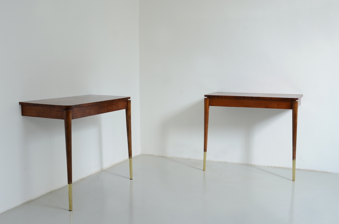 Pair of Italian 1950's pair of console tables in macassar wood 