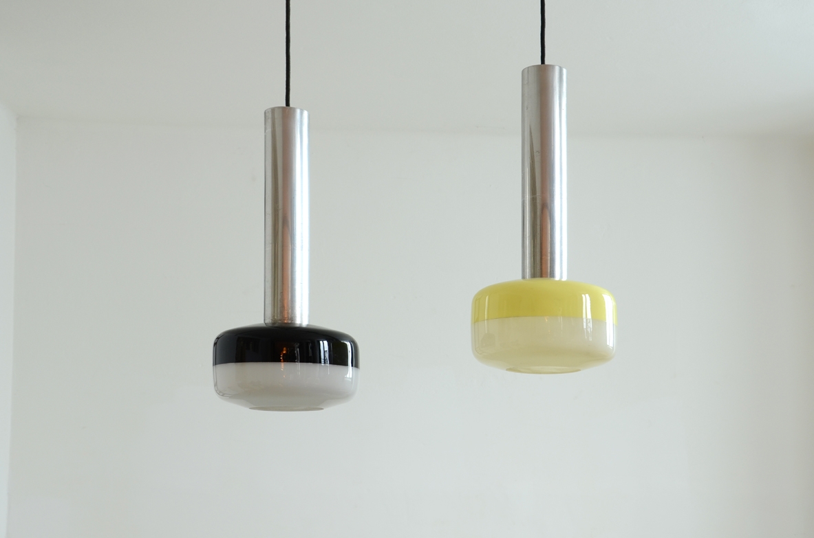 Stilnovo pair of metal and lucite ceiling lamps with original label of the mid-50s