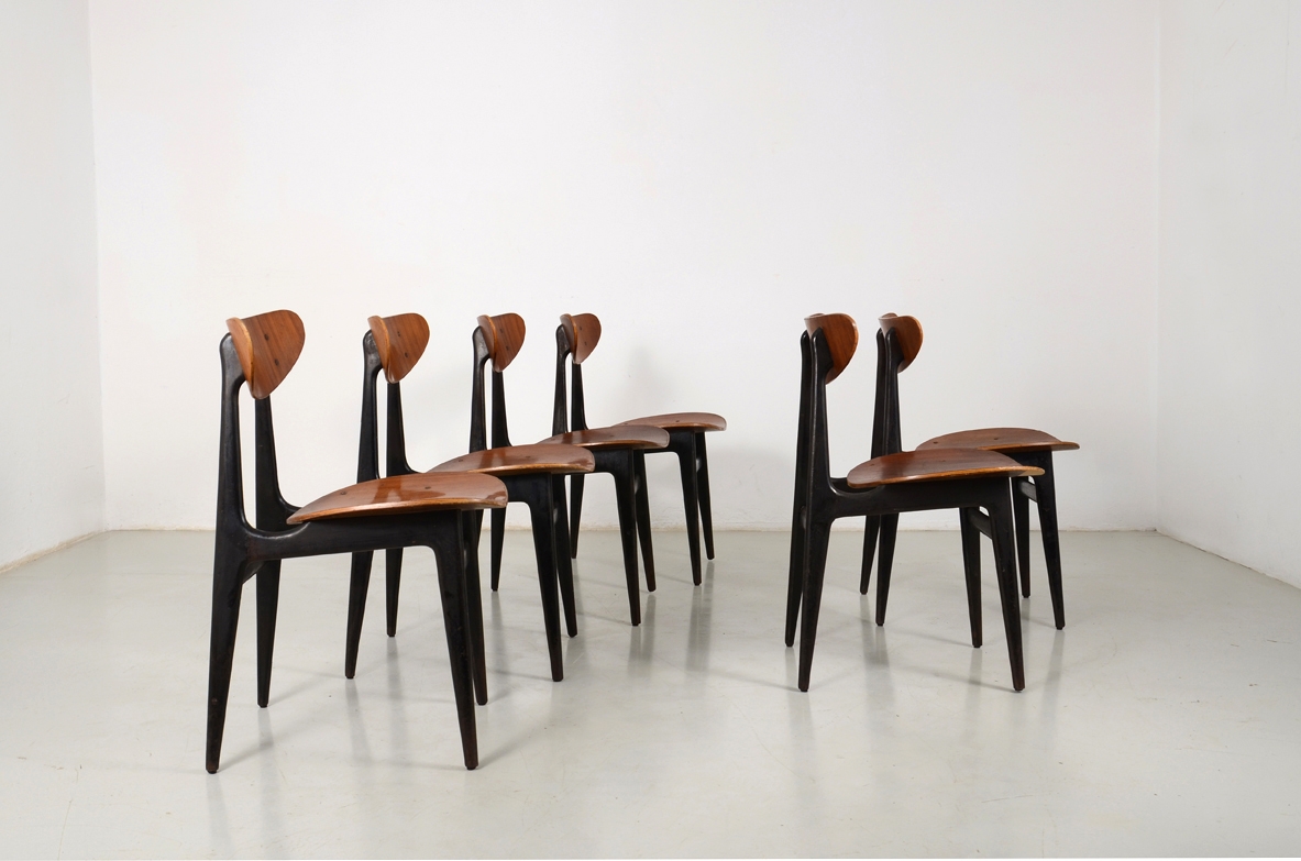 Set of 12 Italian 1960's chairs in wood and plywood.