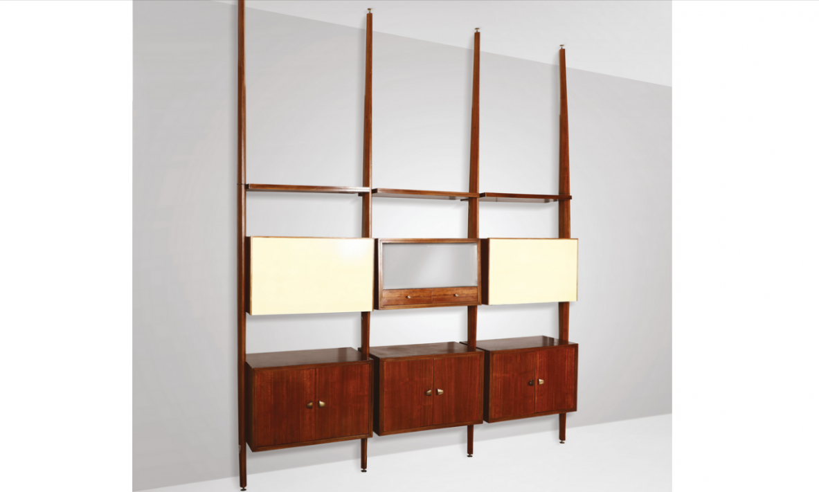 Bookcase in wood, lacquered wood and glass coverings with brass details, Italy's1950
