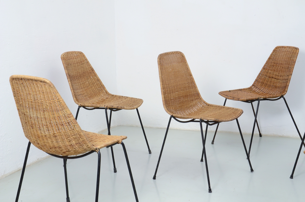 Gianfranco Legler, rare set of 8 pics composed by 6 chairs and  2 armchairs in metal and rattan seat, designed in 1951.  Prod. Bonacina Italia.