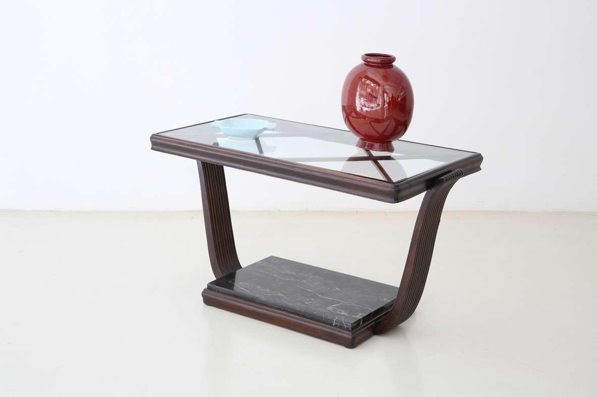 Coffee table in dark polished wood with marble base and a nice decorated top, attr.Atelier Borsani, 1940's.