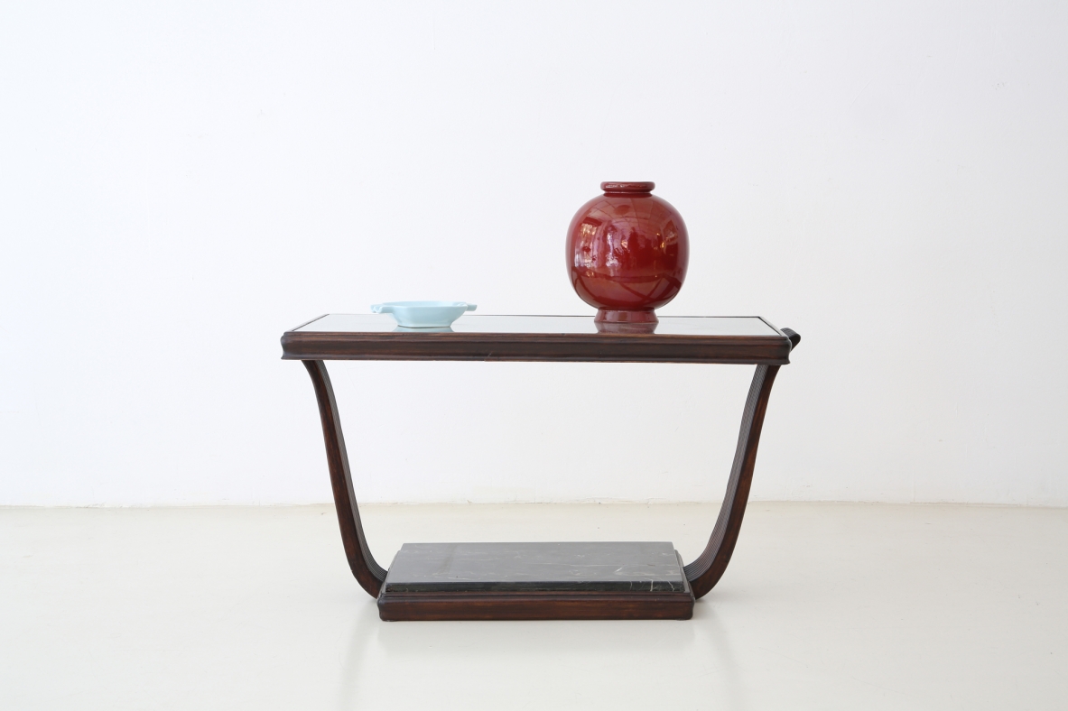 Coffee table in dark polished wood with marble base and a nice decorated top, attr.Atelier Borsani, 1940's.