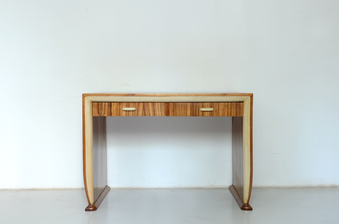 French elegant 1930's desk in zebrano wood and parchment details.