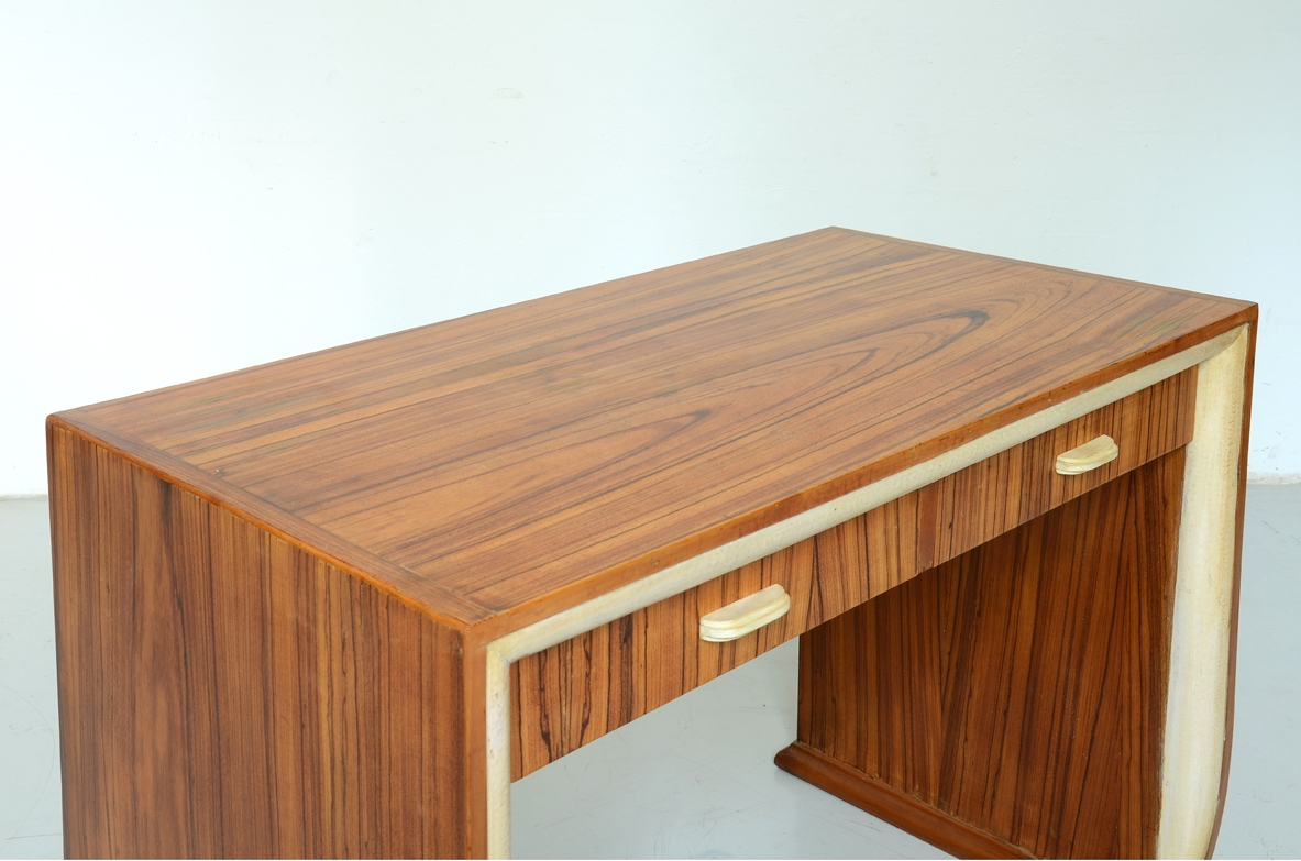 French elegant 1930's desk in zebrano wood and parchment details.