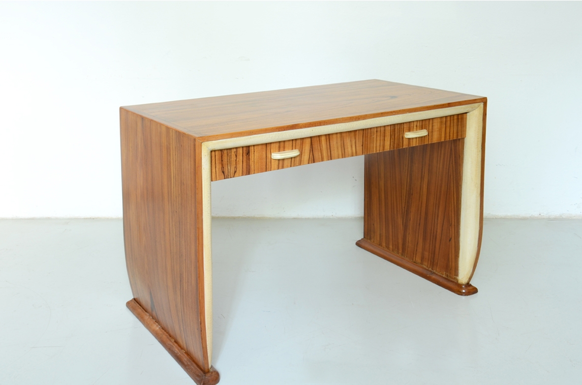 French elegant 1930's desk in zebrano wood and parchment details.
