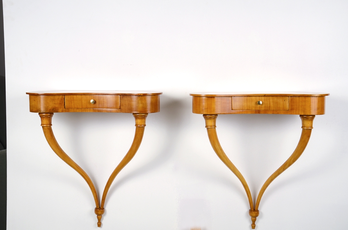 Pair of small Italian 1940's console tables in cherry wood.