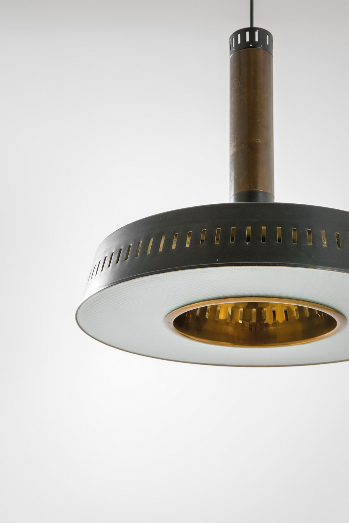 Stilnovo, rare 1960's ceiling lamp in brass, polished metal and opaline glass.