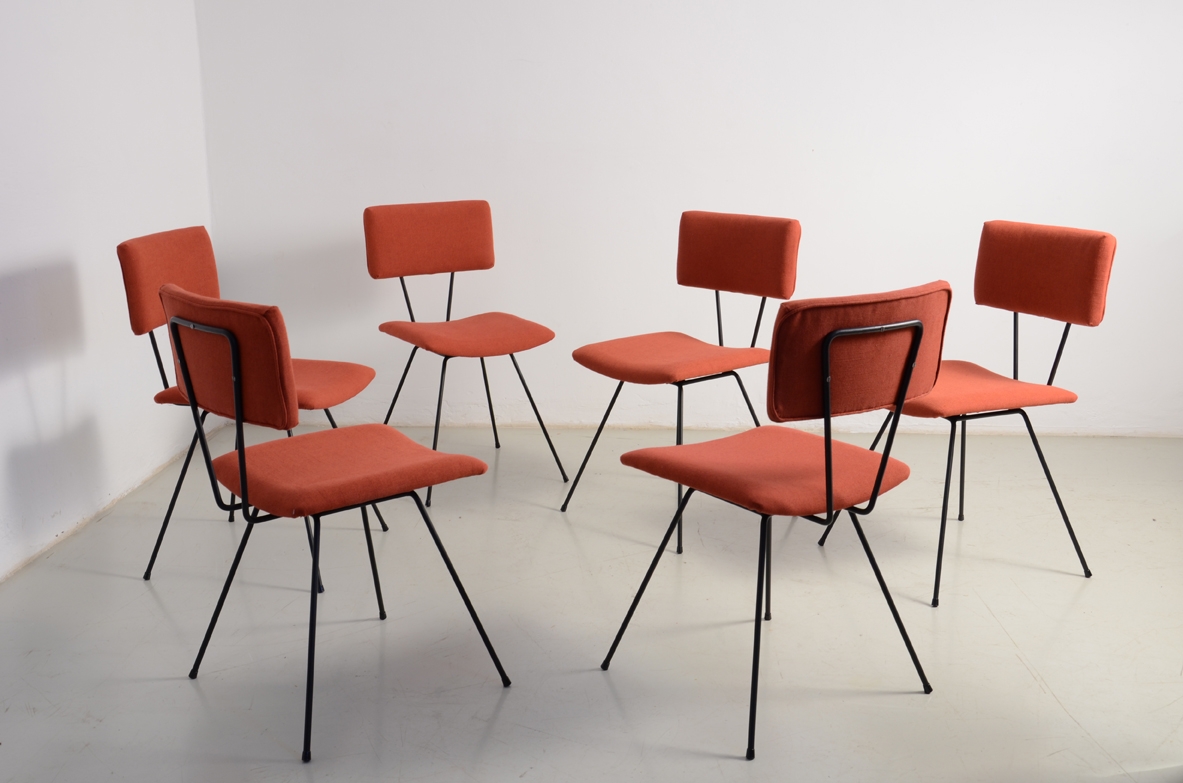 Augusto Bozzi, set of six chairs in metal work with upholstered seat and back.  Prod. Saporiti, 1950's. Tag of the producer.