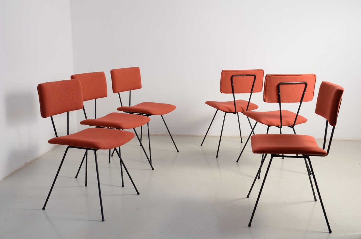 Augusto Bozzi, set of six chairs in metal work with upholstered seat and back.  Prod. Saporiti, 1950's. Tag of the producer.
