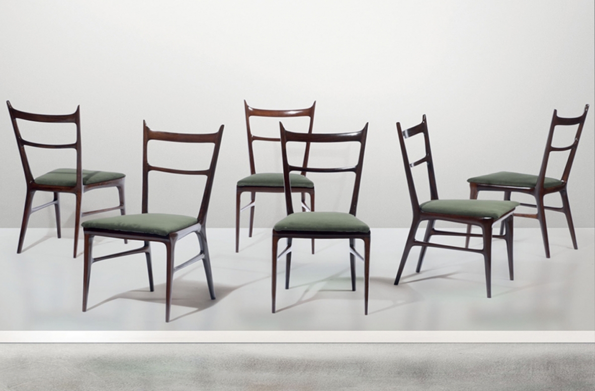 Carlo Rava, 1950’s set of six very refined chairs in mahogany with upholstered seat.