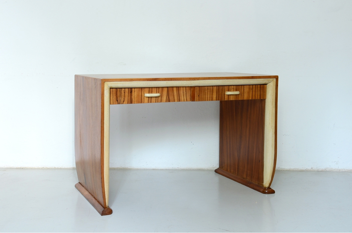 French elegant 1930's desk in zebrano wood and parchment details.