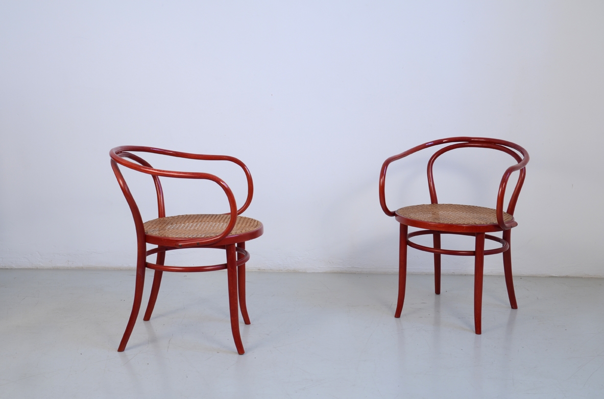 Pair of 1970's armchairs in bent red lacquered wood with Vienna straw hand made seat, prod.Bertoletti Torino.