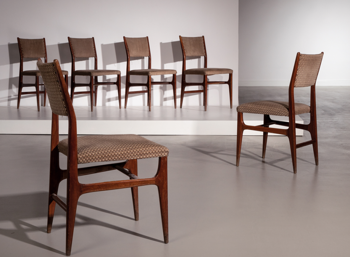 Gio Ponti, 2 chairs model 111 in stained wood and upholstered fabric