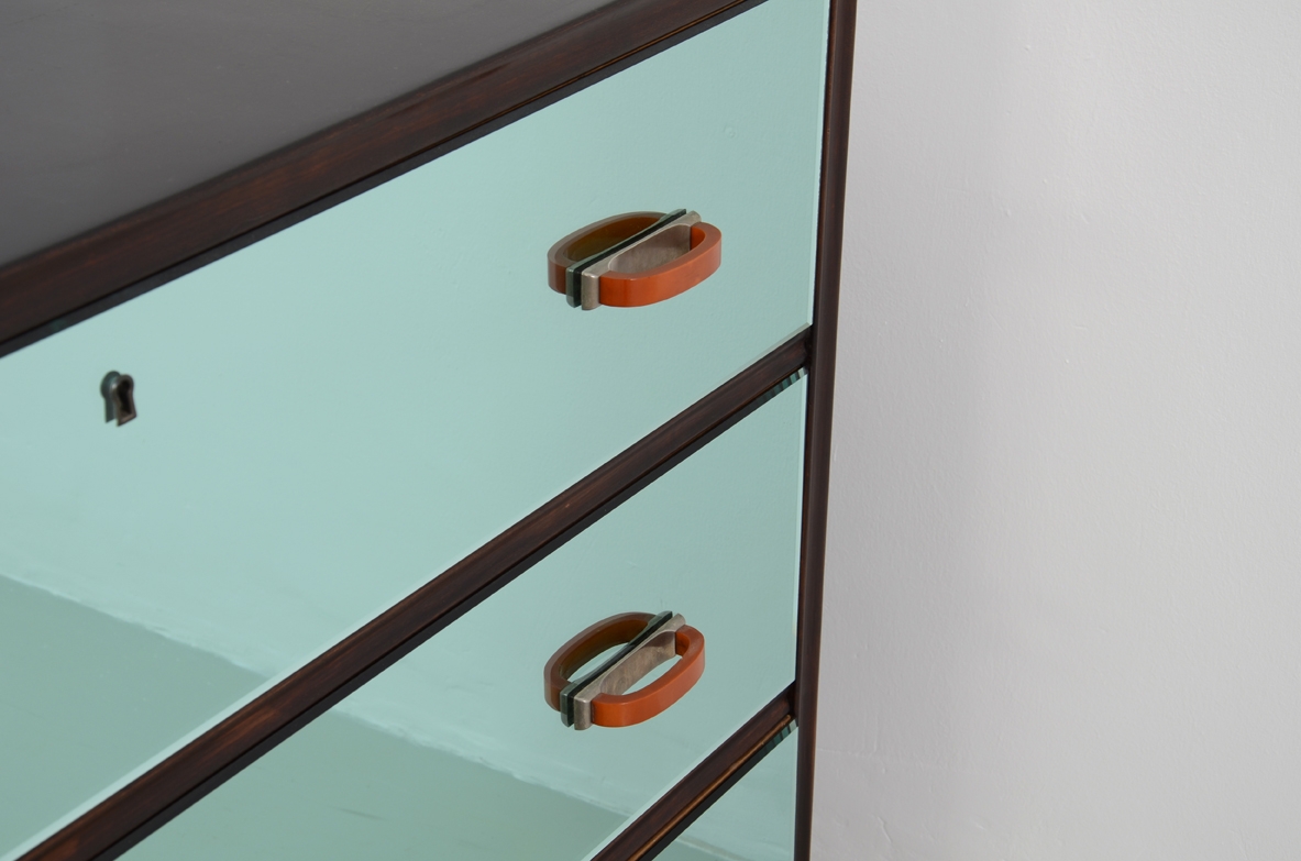 Italian splendid 1940's chest of drawers with light blue mirrored front and nice original handles.