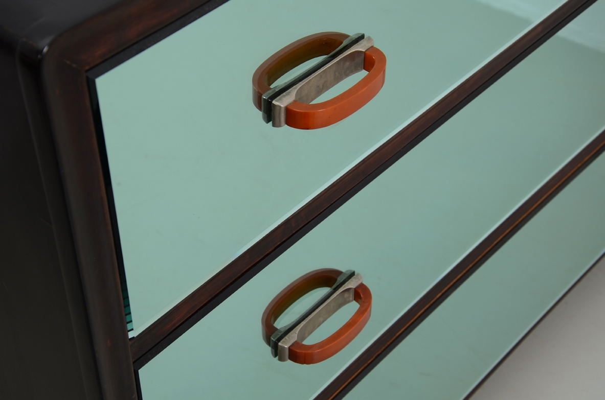 Italian splendid 1940's chest of drawers with light blue mirrored front and nice original handles.