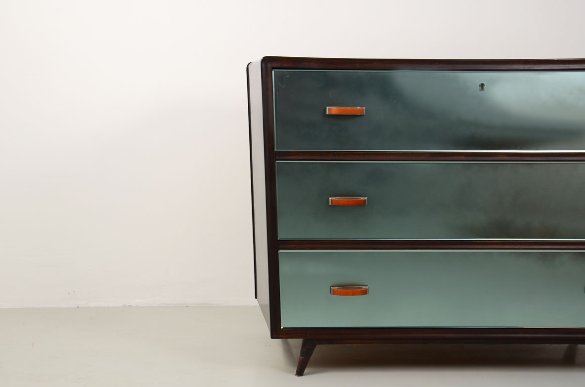 Italian splendid 1940's chest of drawers with light blue mirrored front and nice original handles.