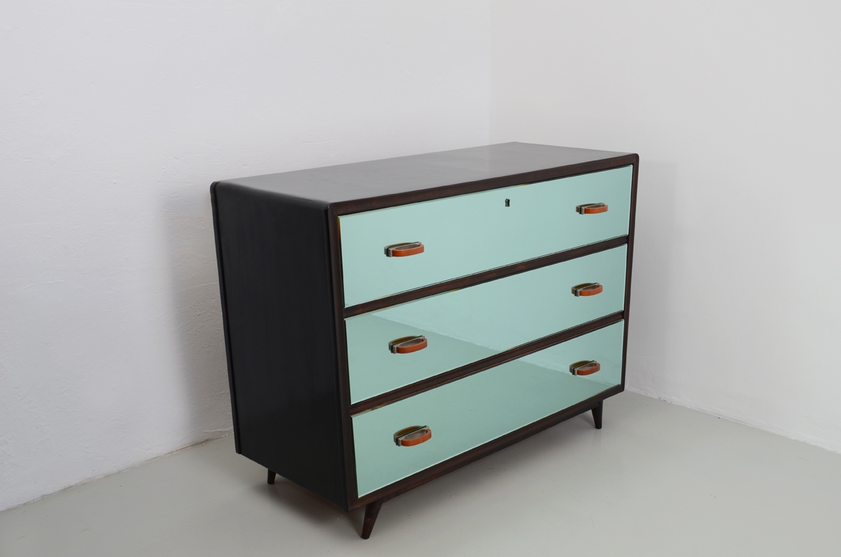 Italian splendid 1940's chest of drawers with light blue mirrored front and nice original handles.