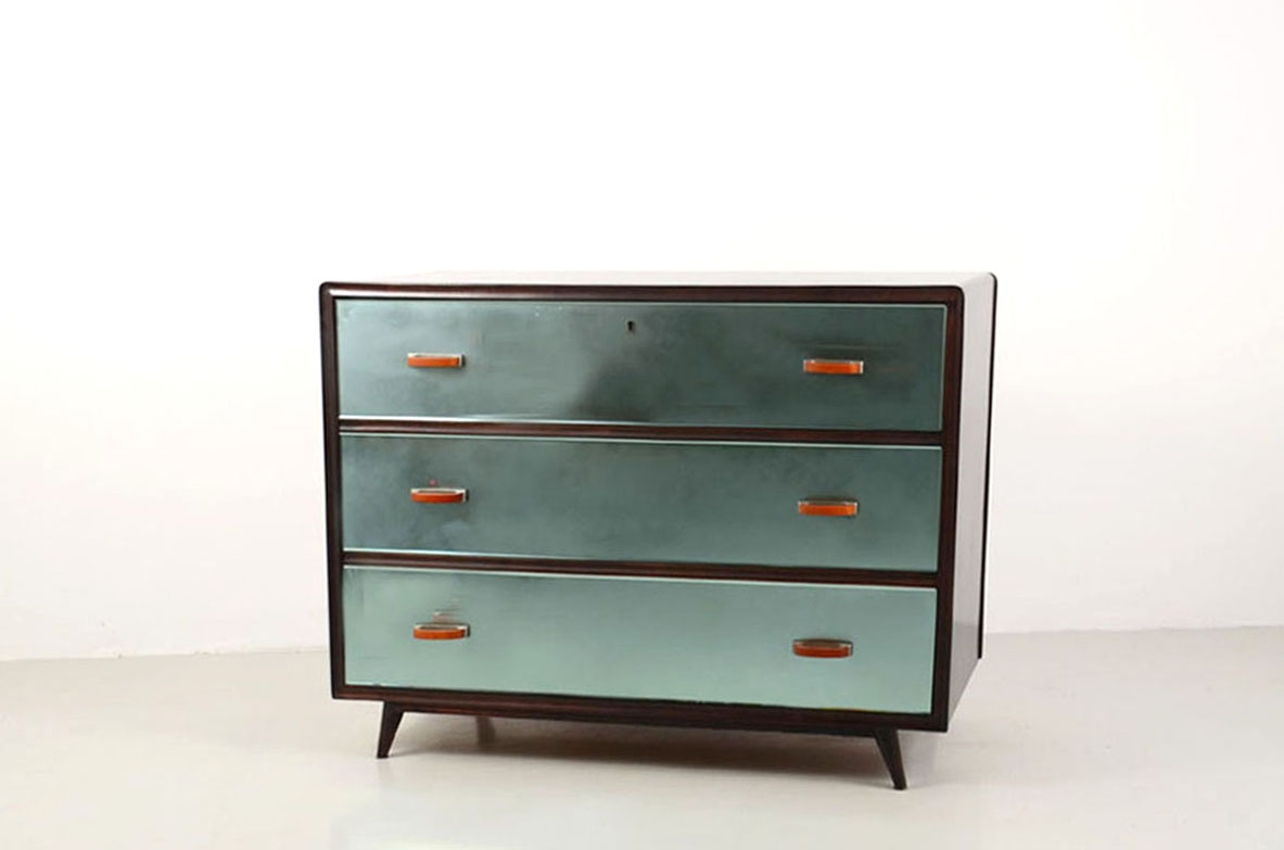 Italian splendid 1940's chest of drawers with light blue mirrored front and nice original handles.