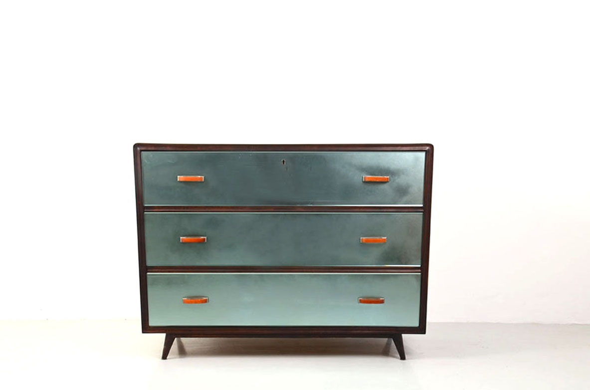 Italian splendid 1940's chest of drawers with light blue mirrored front and nice original handles.