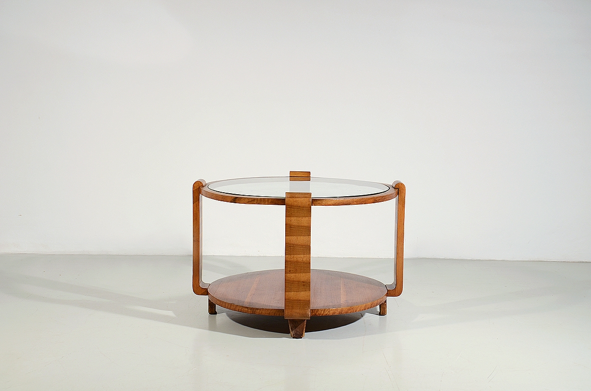 Giuseppe Pagano, Italian 1940's coffee table with crystal glass top and a wooden shleve on bottom.