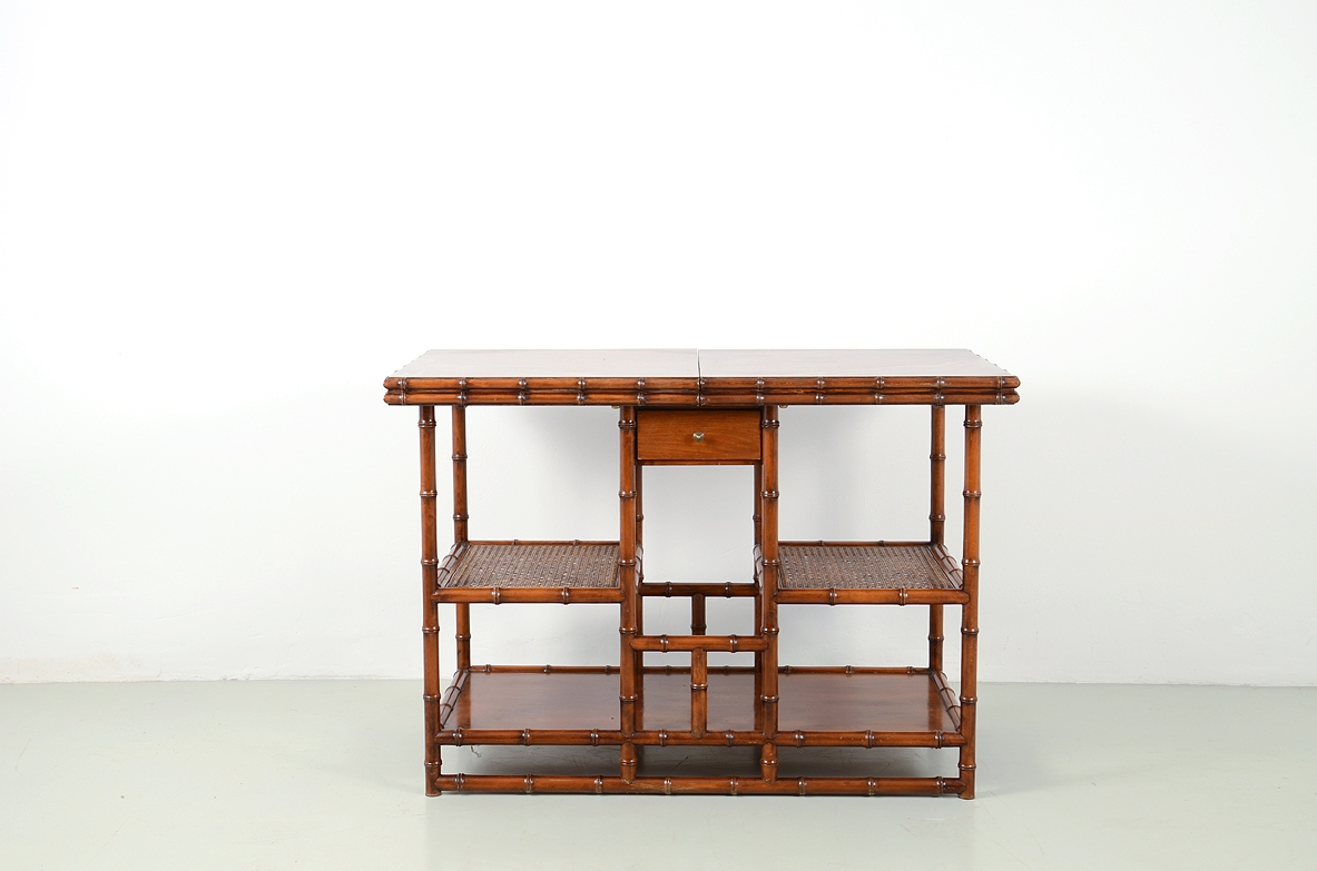 Italian 1970's console table in wood carved in bamboo shape, shelves in wood and Vienna straw.