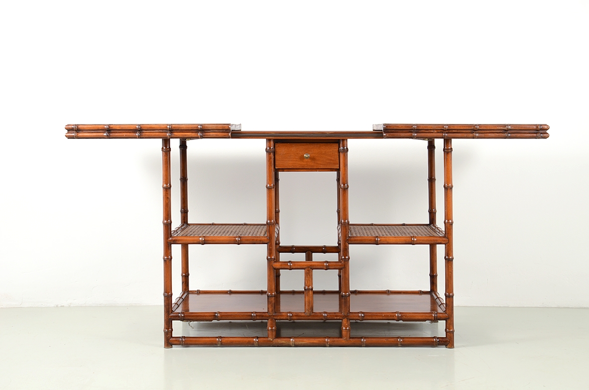 Italian 1970's console table in wood carved in bamboo shape, shelves in wood and Vienna straw.