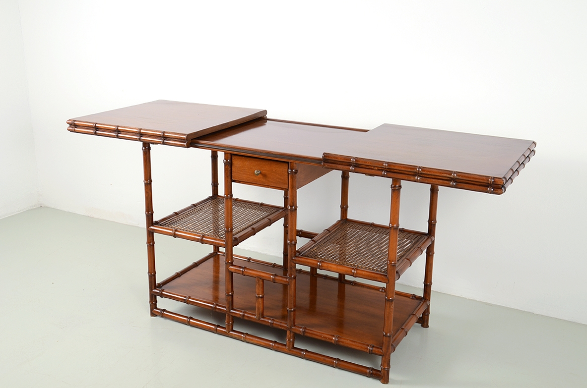 Italian 1970's console table in wood carved in bamboo shape, shelves in wood and Vienna straw.