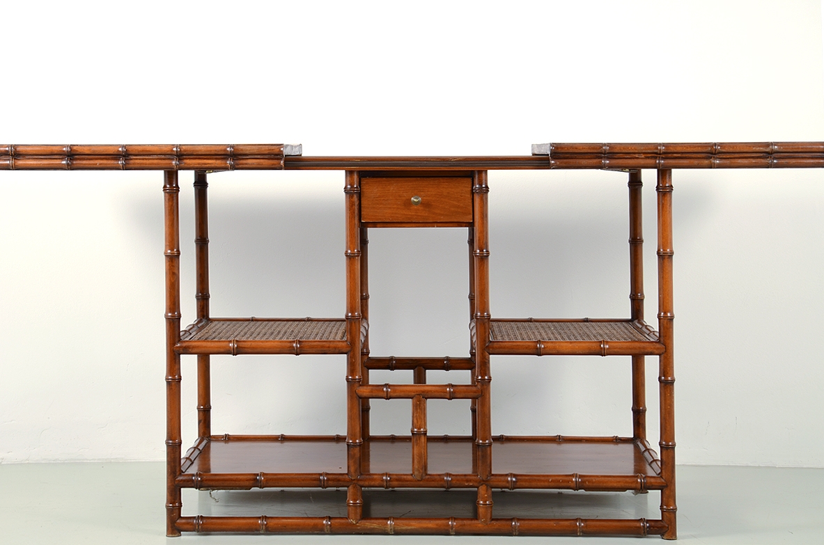 Italian 1970's console table in wood carved in bamboo shape, shelves in wood and Vienna straw.
