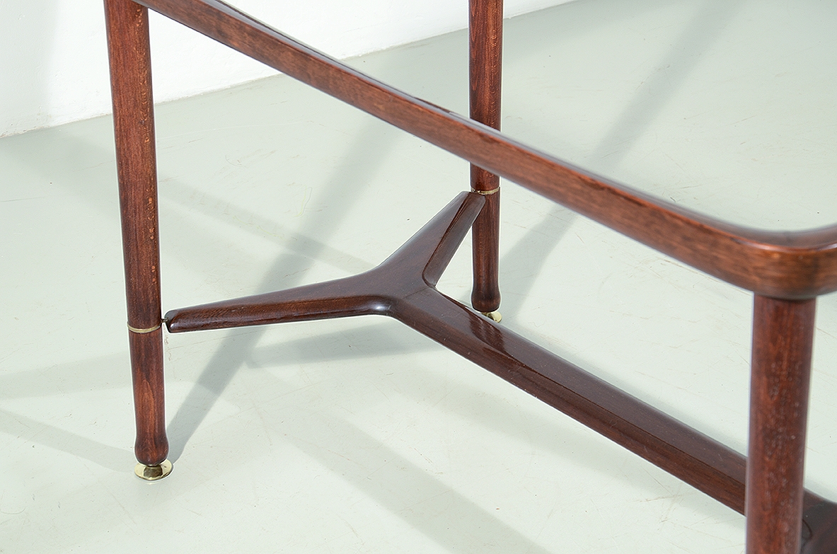 Ico Parisi, 1950's coffee table in mahogany with brass details and glass top.