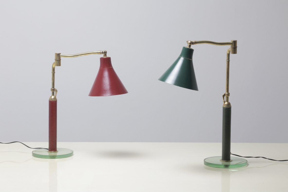 Fontana Arte, coppia di lampade da tavolo rossa e verde, attr. Pietro Chiesa 1930ca.