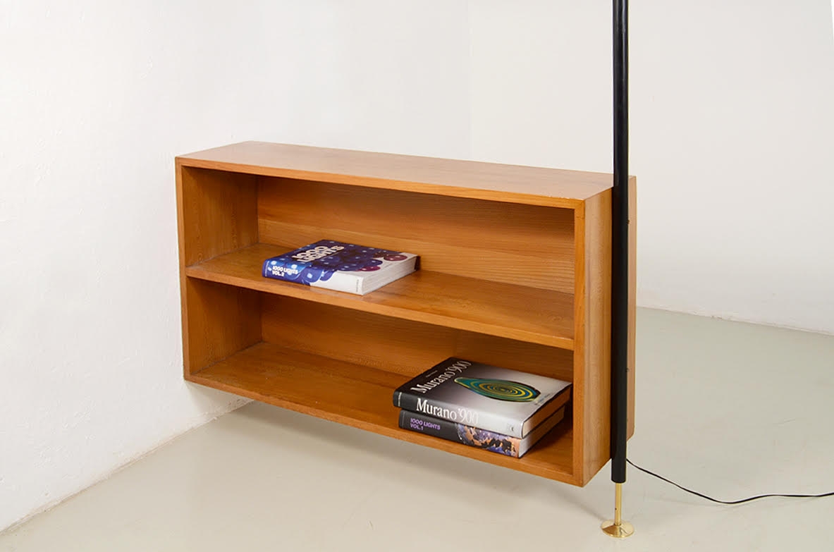 Edoardo Gellner, unique 1950's small library with two original light green lights in brass and metal.
