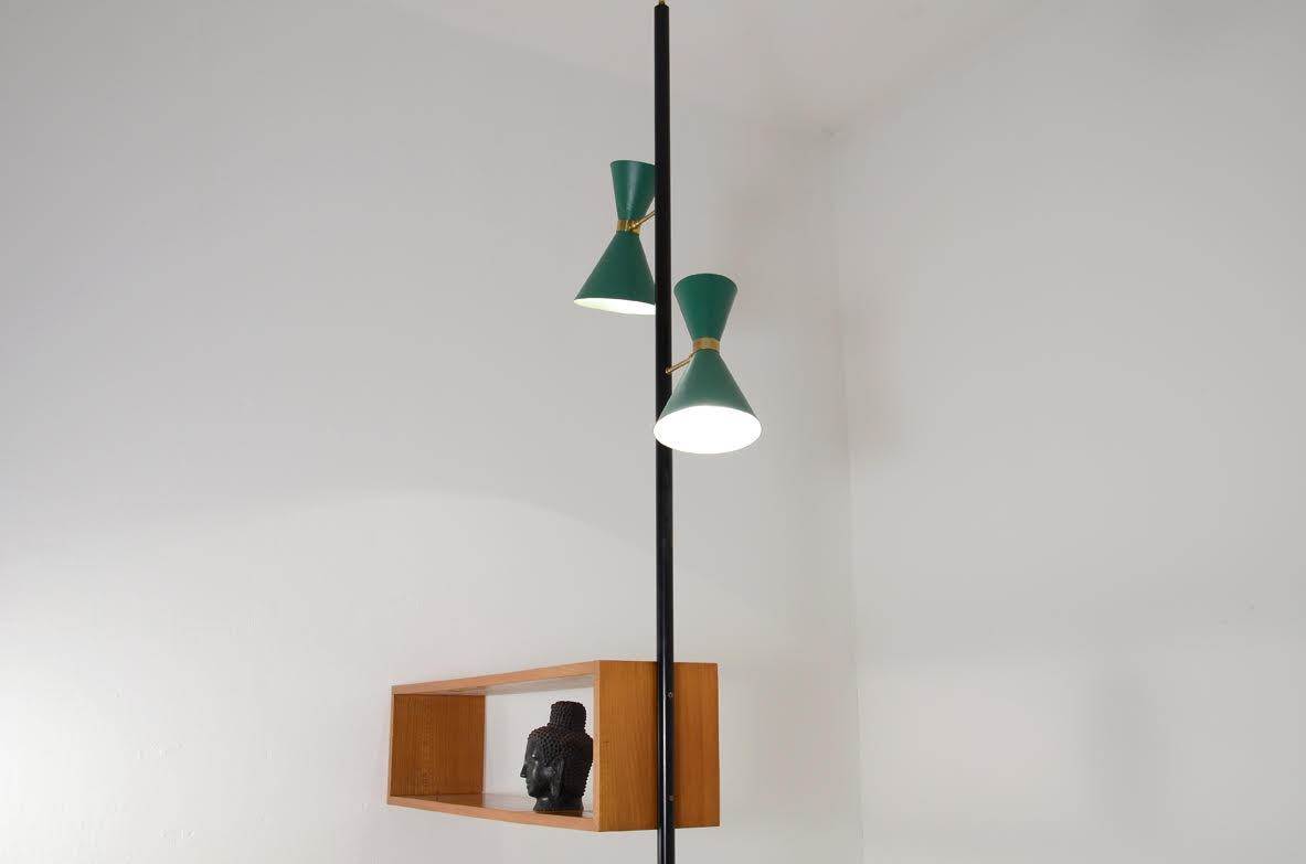 Edoardo Gellner, unique 1950's small library with two original light green lights in brass and metal.