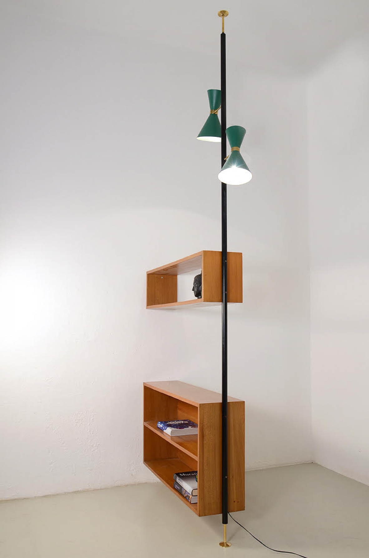 Edoardo Gellner, unique 1950's small library with two original light green lights in brass and metal.