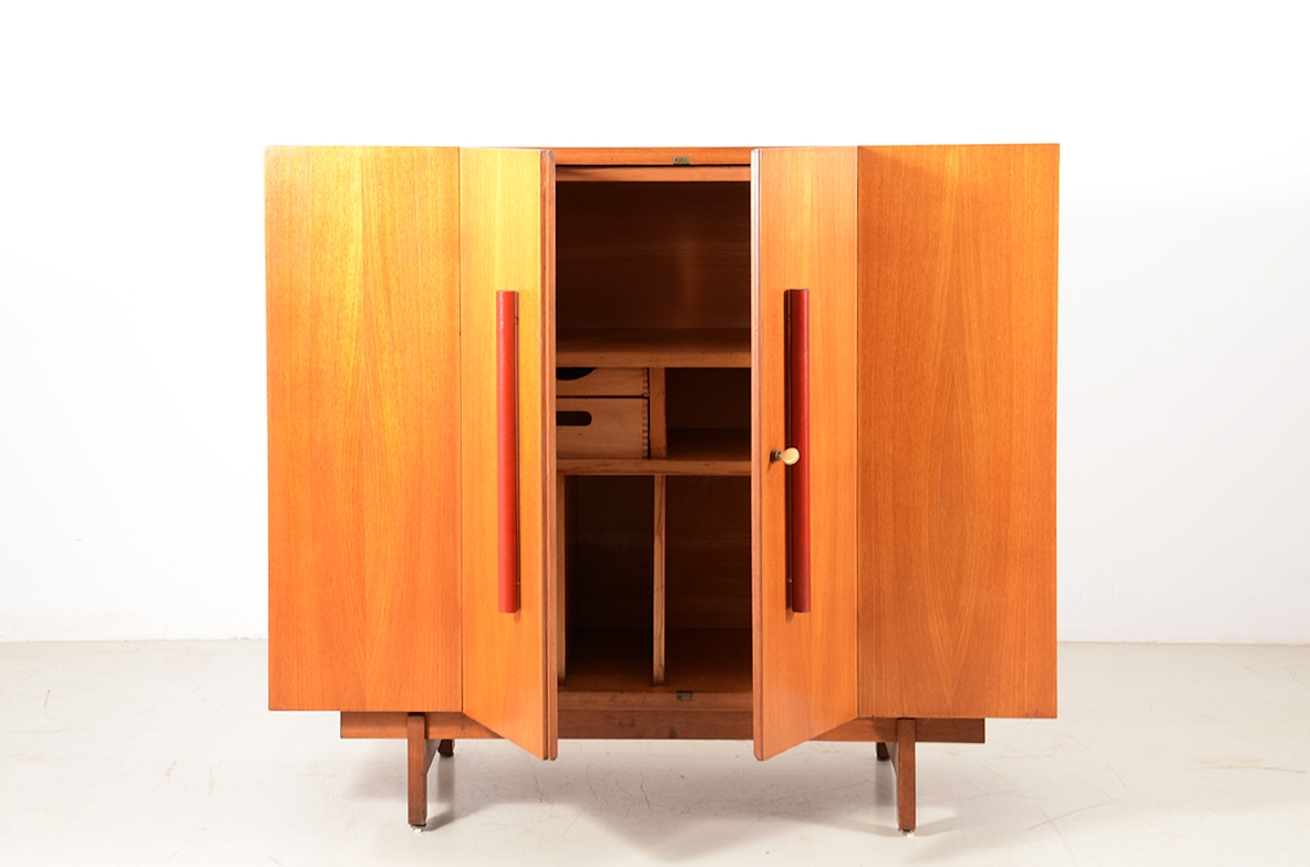 Ultra-functional office or smart-working cabinet in oak wood with various compartments, drawers and a pull-out writing desk. Italiy 1960's.