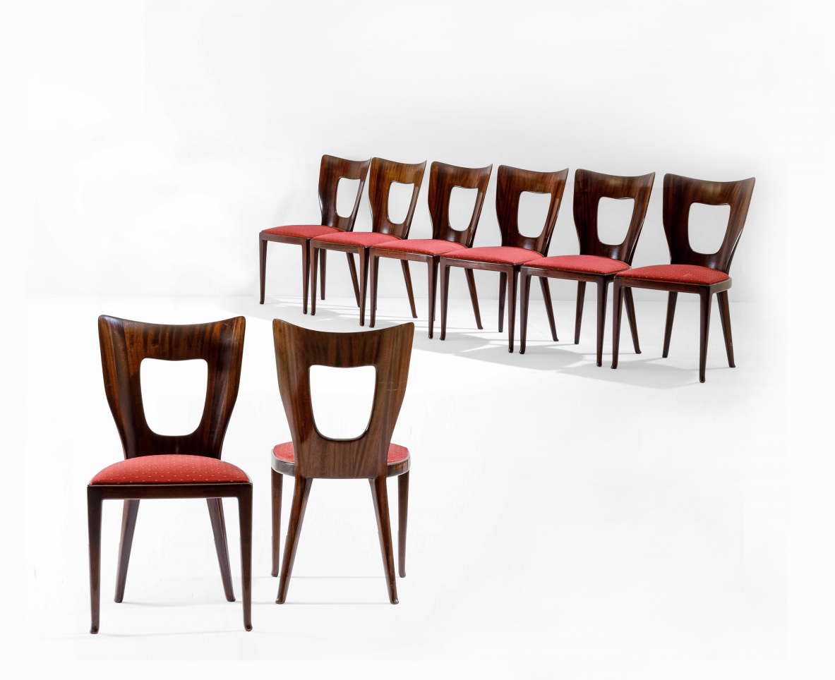 Osvaldo Borsani, eight chairs with wooden structure and upholstered seat. Prod. ABV Arredamenti Borsani Varedo, Italy, 1950's. 