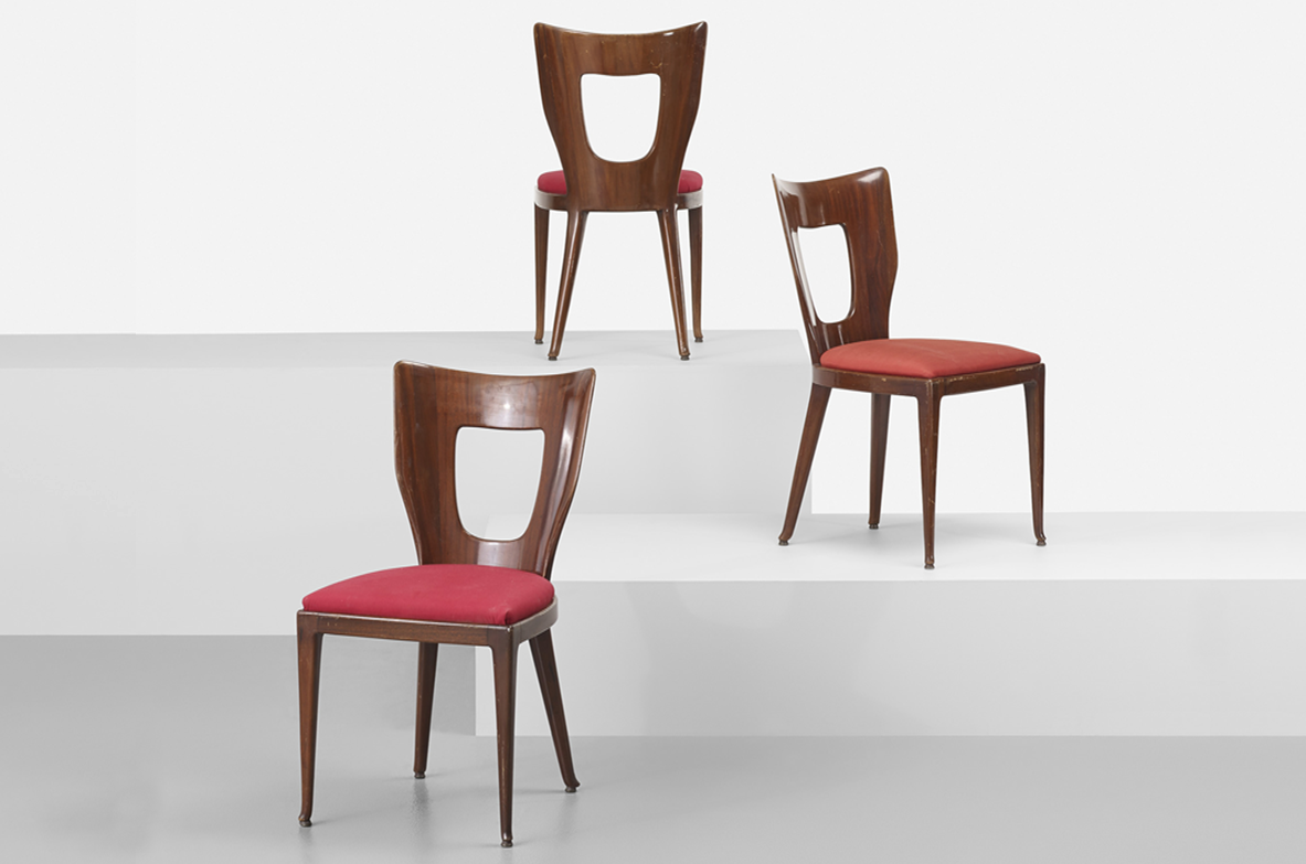 Osvaldo Borsani, eight chairs with wooden structure and upholstered seat. Prod. ABV Arredamenti Borsani Varedo, Italy, 1950's.