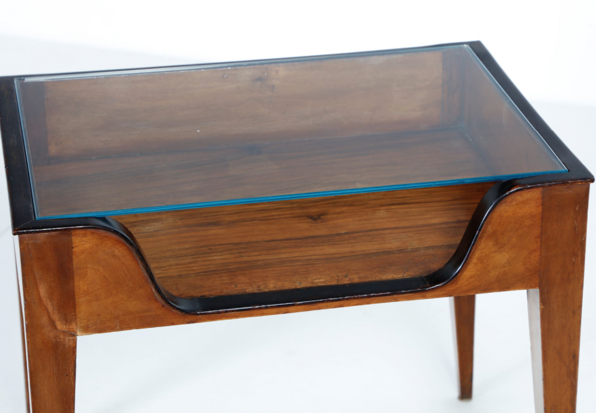 Gio Ponti attr., 1950's pair of side tables in walnut with glass top.