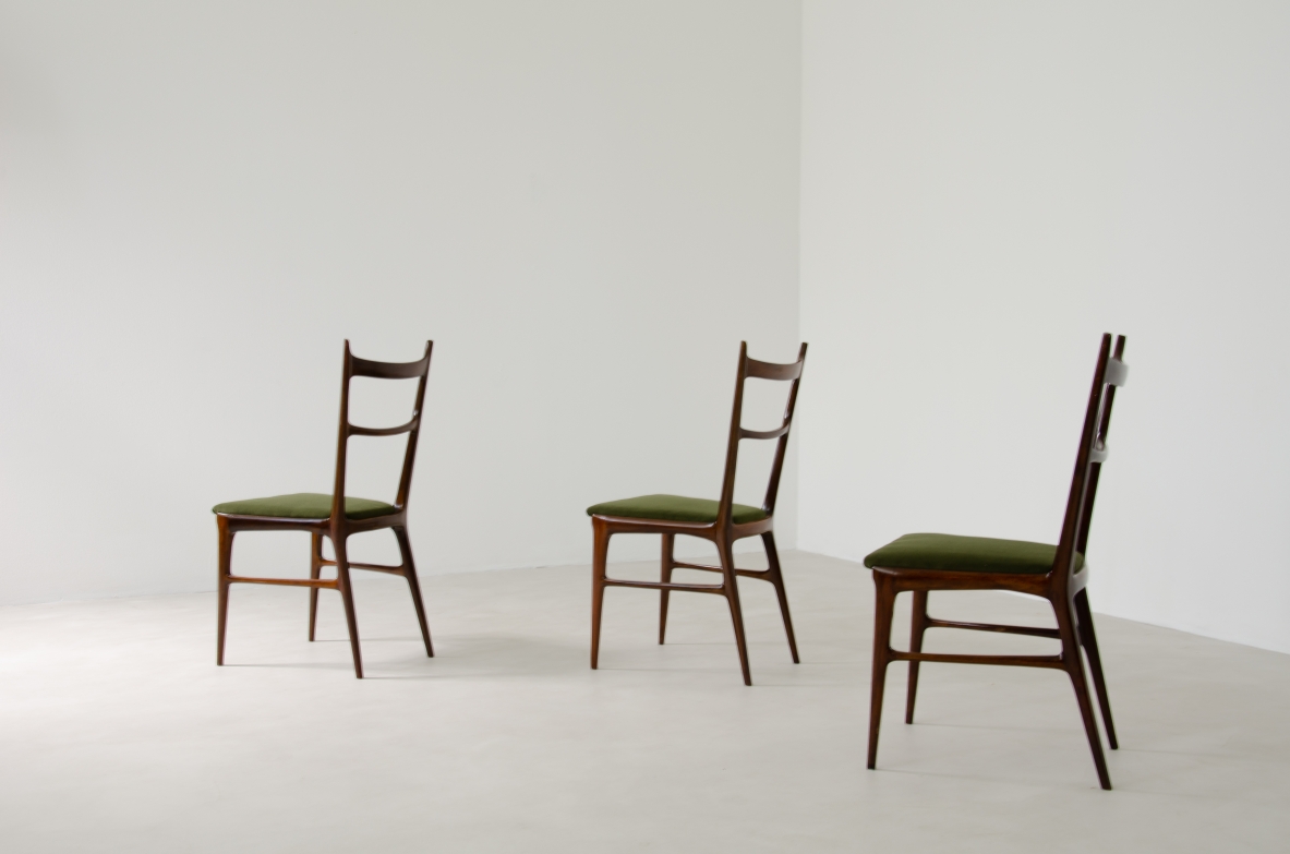 Carlo Rava, 1950’s rare set of six very refined chairs made of solid macassar wood with upholstered seat.