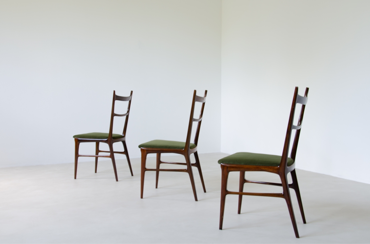 Carlo Rava, 1950’s rare set of six very refined chairs made of solid macassar wood with upholstered seat.