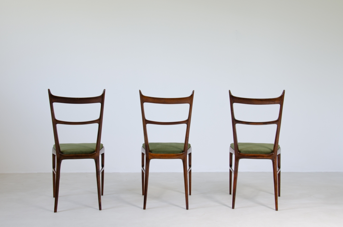 Carlo Rava, 1950’s rare set of six very refined chairs made of solid macassar wood with upholstered seat.