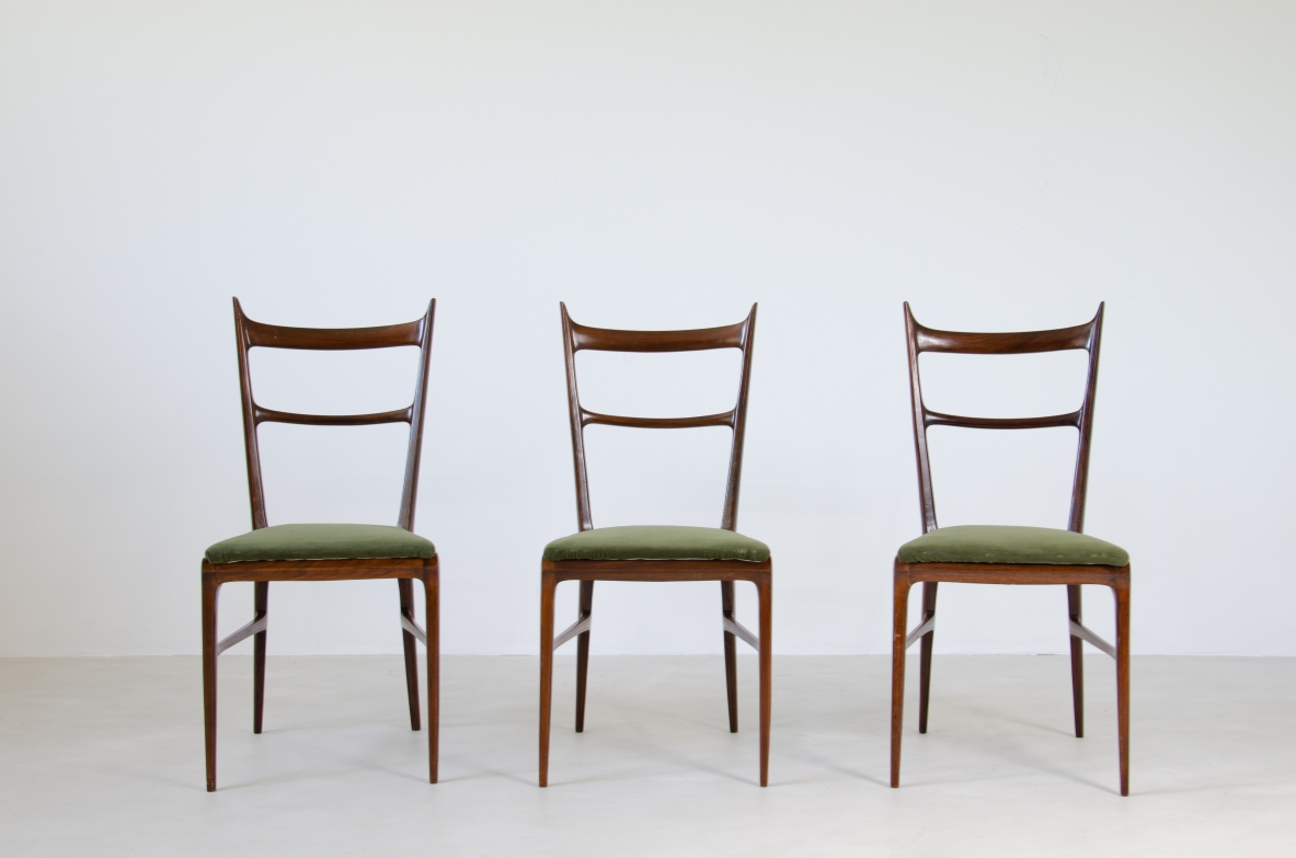Carlo Rava, 1950’s rare set of six very refined chairs made of solid macassar wood with upholstered seat.