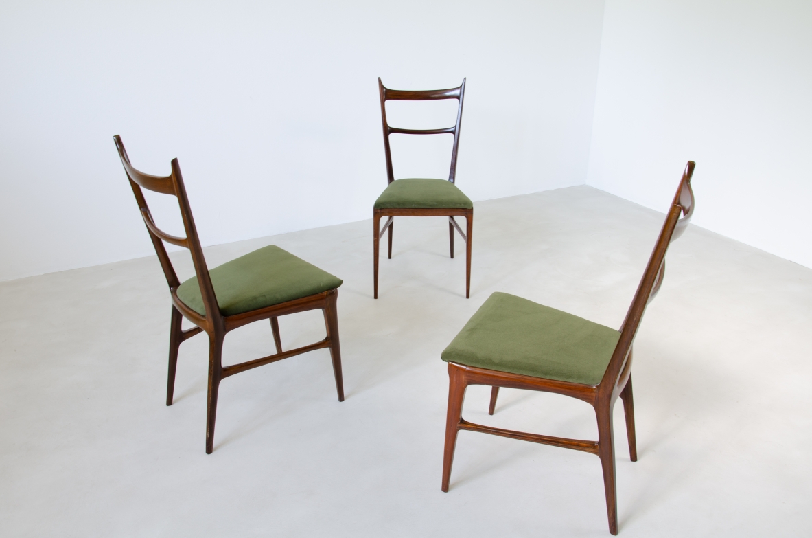 Carlo Rava, 1950’s rare set of six very refined chairs made of solid macassar wood with upholstered seat.