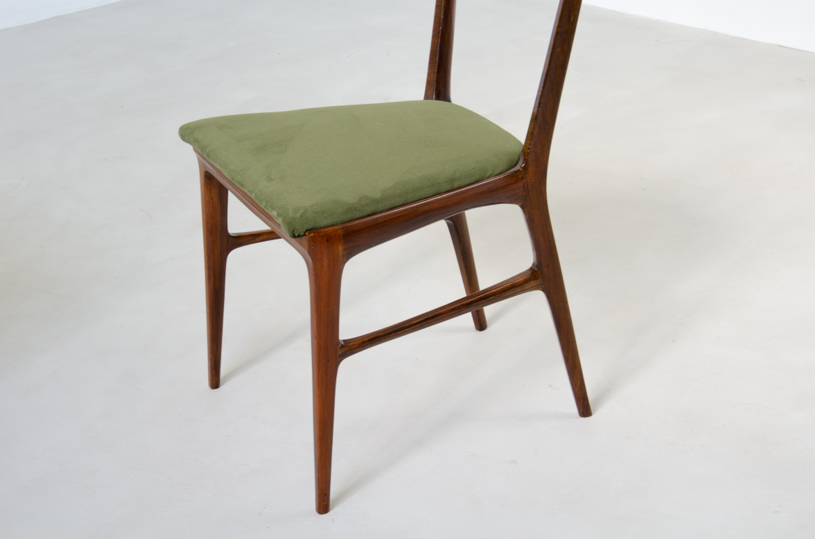 Carlo Rava, 1950’s rare set of six very refined chairs made of solid macassar wood with upholstered seat.